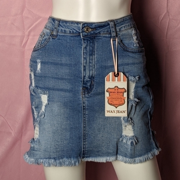 Wax Jean Light Blue Distressed Denim Frayed Hem Mini Skirt with Pockets Large - Picture 1 of 5